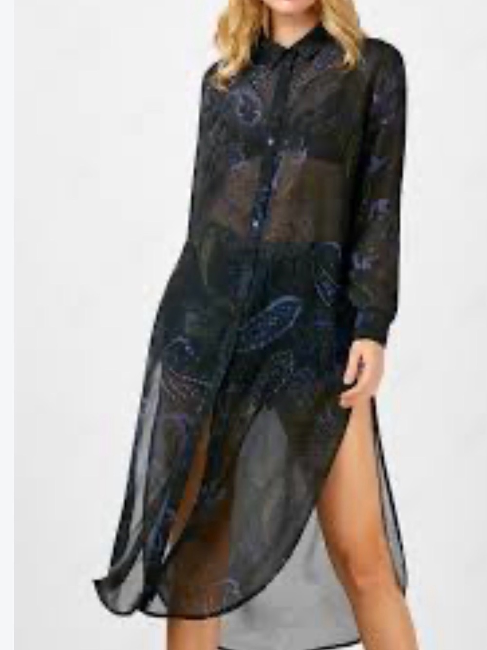 Zara semi sheer long button down duster shirt dress black paisley sz S